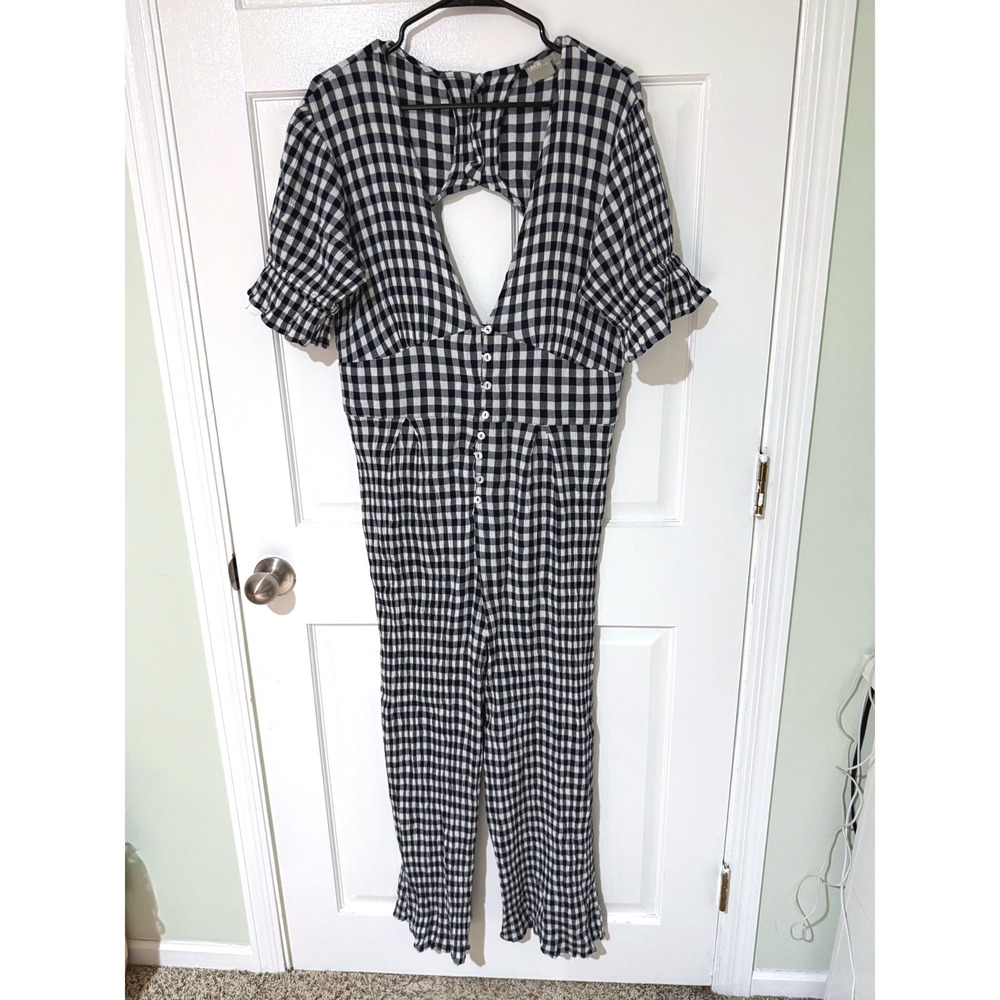 ASOS Gingham Jumpsuit Black White Seersucker Cutout Back Button Front Womens 12